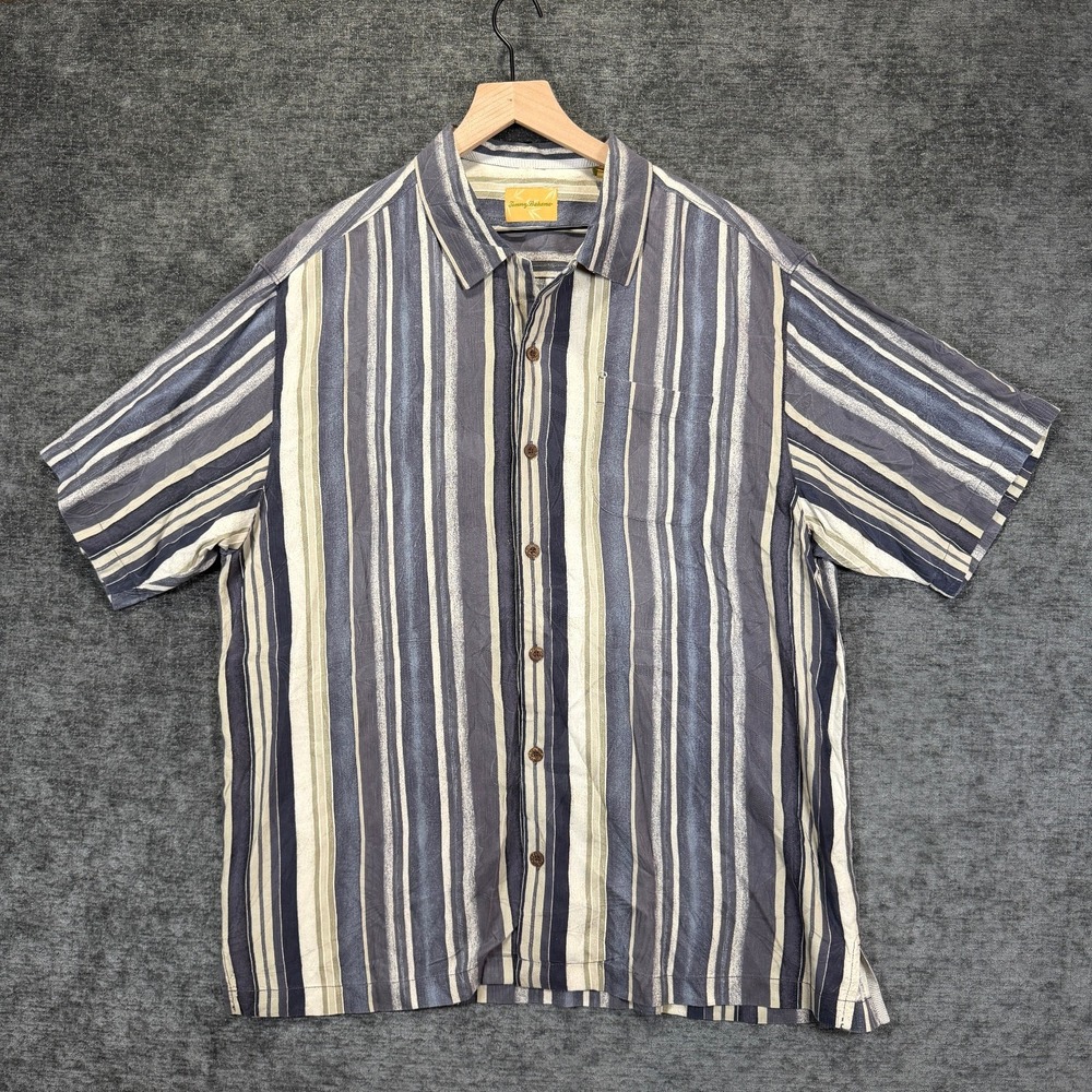 Tommy Bahama Silk Button Up Shirt Blue Striped Short Sleeve XL